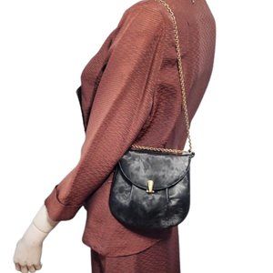 1960s Vintage Small Black Textured Vinyl Shoulder Bag With A Gold Chain Strap
